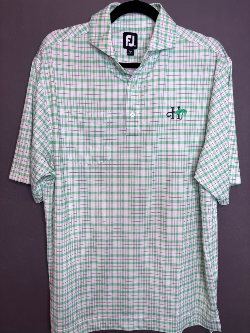 FootJoy Men’s Medium Green Plaid Golf Polo Performance Stretch Club Palm Tree
